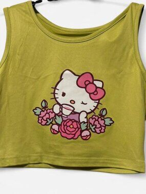Hello Kitty Graphic Crop Tank Top Green Pink Size Medium